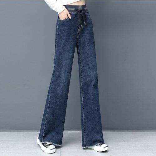 Fashion Elastic High Waist Drawstring Denim Wide Leg Pants Women Plus Size Casual Jeans Vintage Baggy Straight Leg Trousers