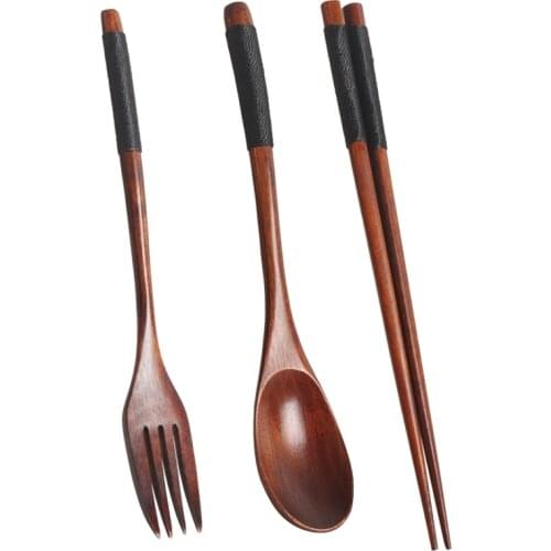 Wooden Flatware Set, Wooden Portable Set Chopsticks Spoon Fork Tableware Dinnerware with Black Twining Thread