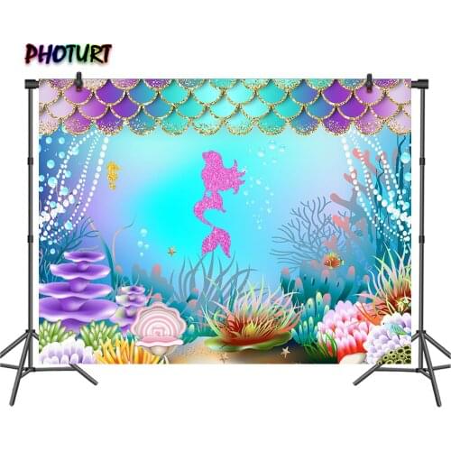 PHOTURT Girl Backdrops Birthday Party Ocean Shell Coral Mermaid Princess Decoration Photography Backgrounds Photo Studio Props