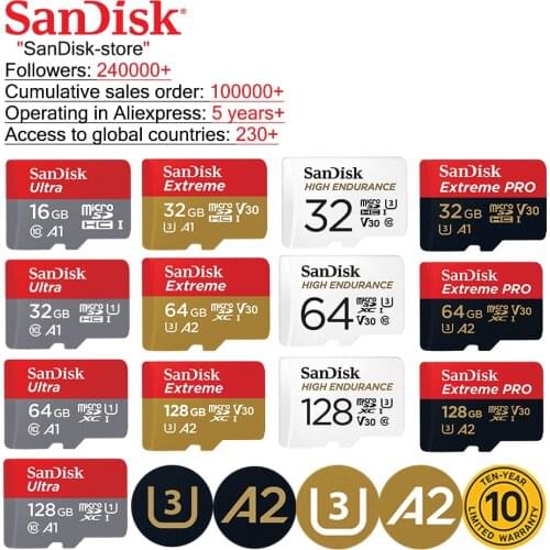 SanDisk 100% Original A1A2 Microsd TF card Class10 16GB 32gb Micro SD card 64gb 128GB memory card Video card sd card u3 memory