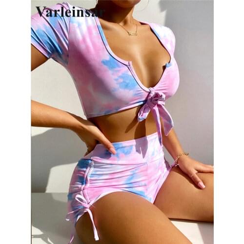 Short Sleeve V Neck High Waist Bikini Female Swimsuit Women Swimwear Two-pieces Bikini set Bather Bathing Suit Swim Lady V2609