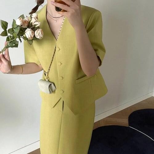 Korean Fashion Skirt Suits Women Sets V-Neck Short Sleeve Blazer + Loose Pencil Skirt Two Piece Set 2021 Summer