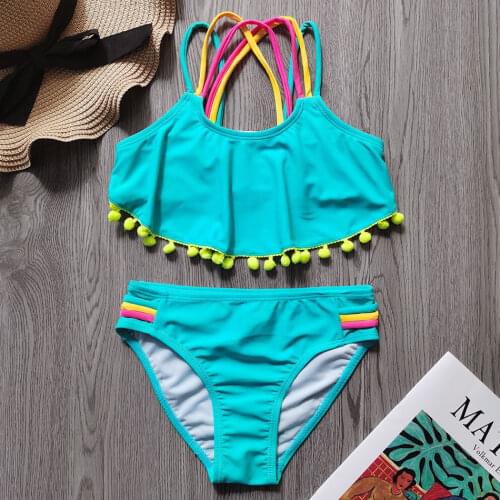 4-12Years Girl Swimsuit Kids Pompom Girl Bikini Set Flounce Two Piece Childrens Swimwear Corss Back Girl Bathing Suit Beachwear