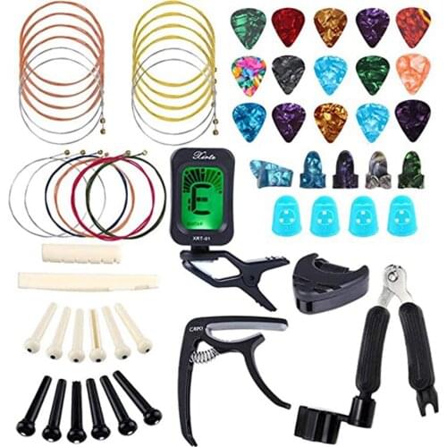 60PCS Guitar Accessories Kit Including Guitar Picks Tuner Acoustic Guitar Strings 3 in 1 String Winder Bridge Pins WHSho