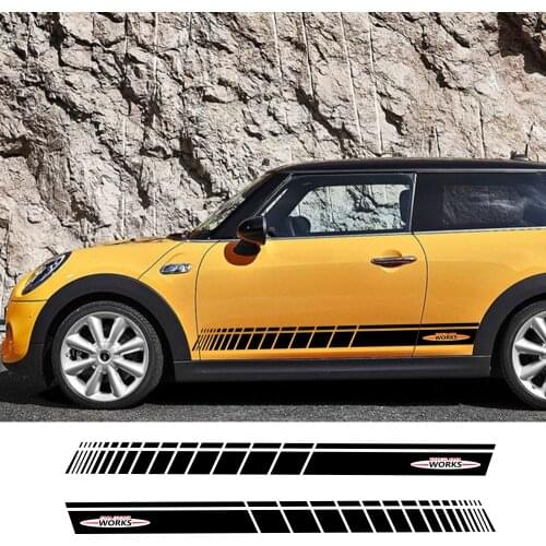 2pcs Car Door Side Skirt JCW Decal Stickers Racing Stripes Decoration For MINI John Cooper Works R56 R58 R59 F57 F56 Hatchback
