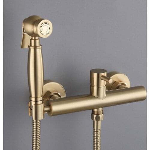 Top quality Brushed gold brass bathroom handheld shower head Shower spray jet set with Brass cold hot water faucet wall mounted