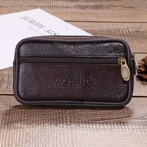 New Hot Selling Mens Leather Single Double Layer Mobile Phone Waist Bag 4-7 Inch Horizontal Zipper Leather Belt Mobile Phone