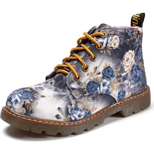 Autumn Women Ankle Boots Low Heels Flower Flats Casual Colorful Boots Shoes Woman Oxfords Lace-up Motorcycle Booties Plus Size