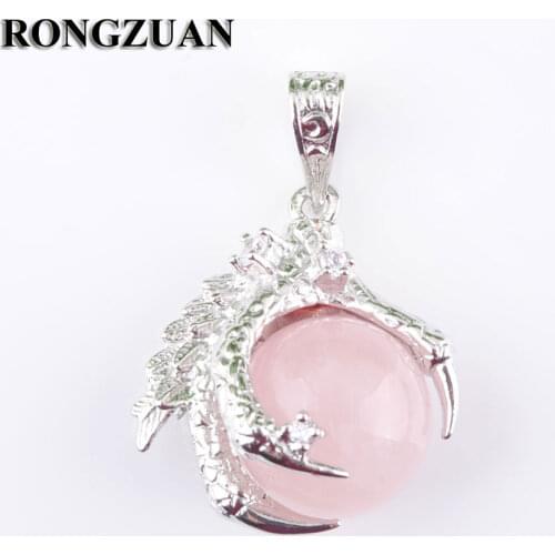 RONGZUAN Natural Rose Quartzs Stone Round Ball Bead Dragon Claw Crystal Pendant Necklace Silver Plated 18" Chain Jewelry TN3106