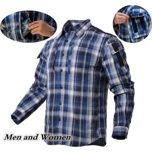 Army Fan Plaid Tactical Shirt Men Women Long Sleeve Breathable Cotton Plaid Shirt Outdoor Hiking Training Military Shirt Uniform