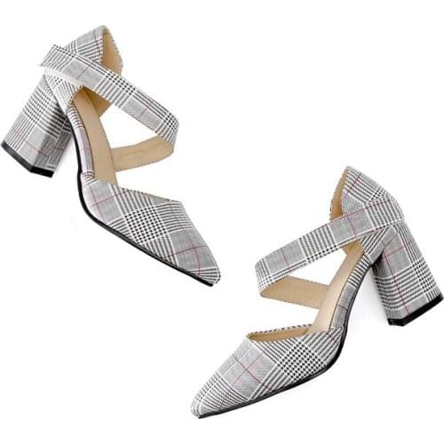 Big Size Pointed Plaid sandals with thick heels high heels sandals women shoes woman summer ladies