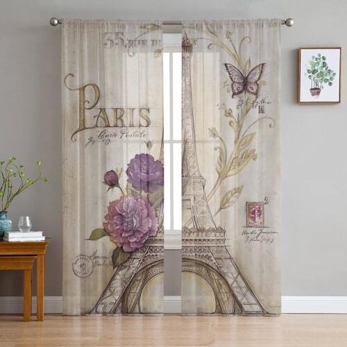Paris Flowers Butterfly Window Treatment Tulle Modern Sheer Curtains for Kitchen Living Room the Bedroom Curtains Decoration