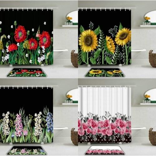 Colorful Beautiful Flowers Shower Curtain Set Waterproof Fabric Floral Bathroom Curtains Toilet Anti-skid Mat Bath Mat