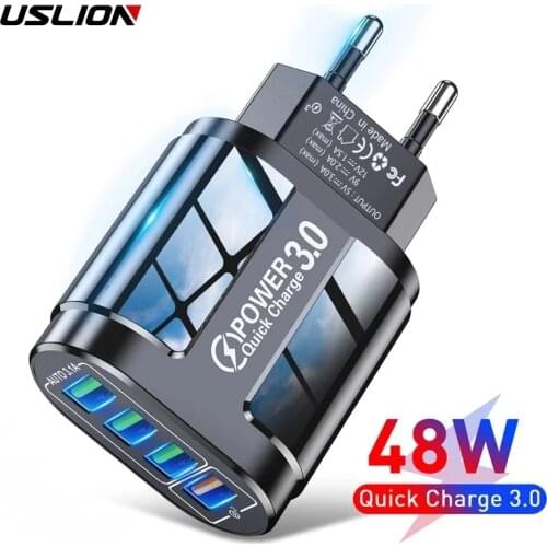 USLION 48W USB Charger Fast Charge QC 3.0 Wall Charging For iPhone 12 11 Samsung Xiaomi Mobile 4 Ports EU US Plug Adapter Travel