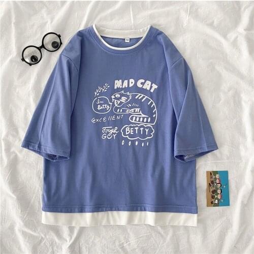 Cotton T-shirts Female 2021 summer Graphic Tees Women harajuku Kawaii Cartoon printed T Shirt Funny Hip Hop streetwear blue Tops