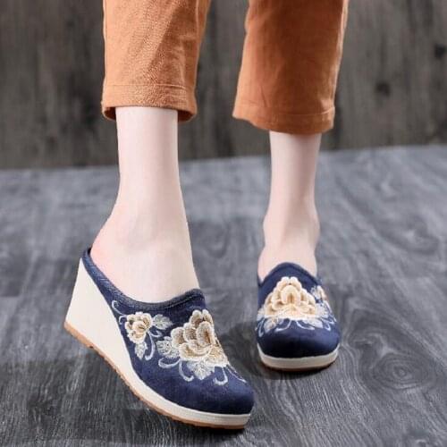 Summer New Outside National Style Retro Wedges High Heels Peep Toe Embroider Chinese knot Canvas Women Slippers 0630