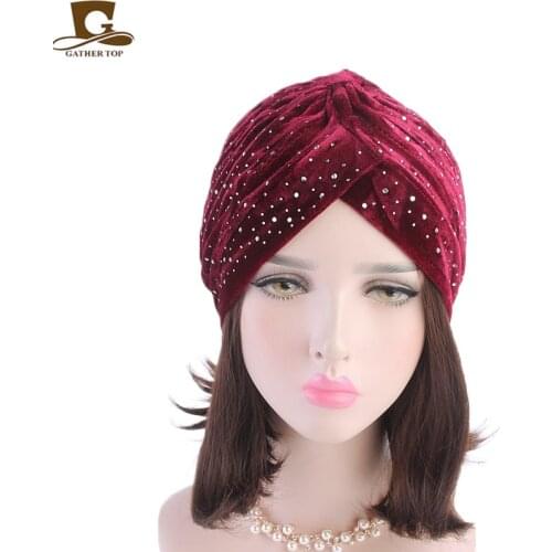Fashion Twist style Rhinestoned velvet ruffle turban headwrap chemo cap Cancer Hat Hairband Head band bandanas Women