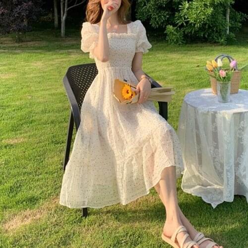 2021 Summer Dot Floral Design Sweet Dress Short Sleeve Chiffon Elegant Dress Korean Style Square Collar Party Dress Large size