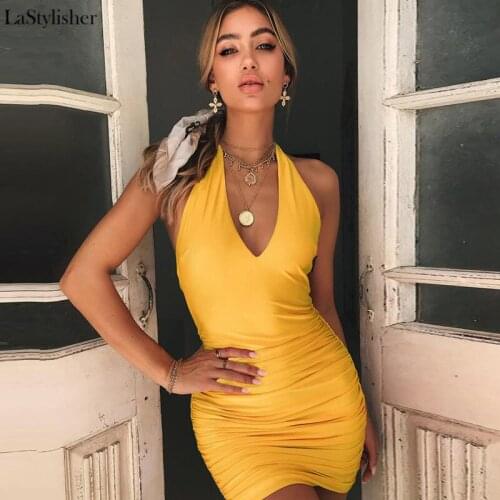 LaStylisher Womens Sexy Evening Party Halter Dress Club Backless Bandage Dresses Elegant Bodycon Sleeveless Formal Mini Dress