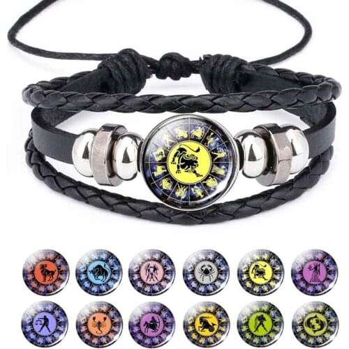 12 Horoscope Zodiac Bracelet Aries Leo Libra Gemini Pisces Virgo Glass Cabochon Punk Braided Leather Bangle Birthday Gifts