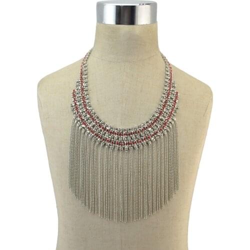 Boho Red Clear Rhinestone Choker Statement Wedding Big Tassel Necklace For Women Flower Collier Fashion Party Collar Jewellery