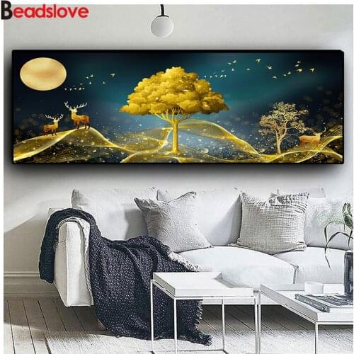 Large Needlework Diamond Painting Natural Abstract Gold Tree and Deer Diamond Embroidery All Drill Rhinestone Mosaic wall decor