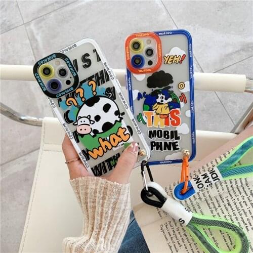 Korea INS Cute Cows Art Letters label tide Cool Phone Case for iphone 12 Pro Max 11 XR X XS 7 8 plus soft Cover With Hand Strap