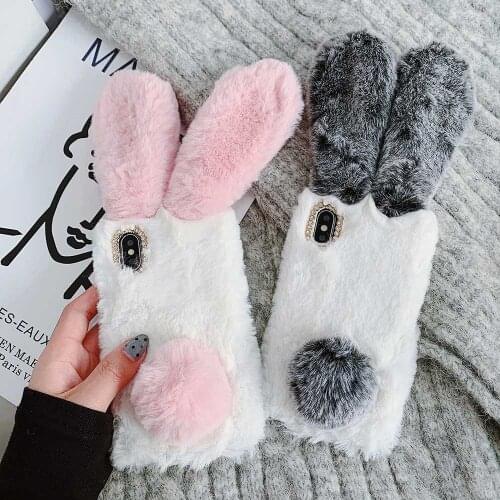For iphone 12 Mini 11 Pro Max Hairy Cute White Pink Rabbit Phone Case For iPhone XS MAX XR 6 6S 7 8 Plus Soft Cover girl Gifts