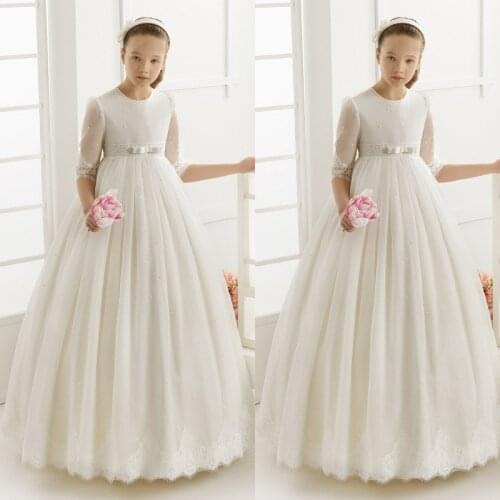 Kids Flower Girl Dresses for Weddings Elegant First Communion Dresses for Girls Tulle Ball Gown 3/4 Sleeve Girls Pageant Gown
