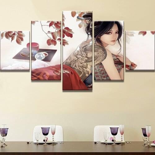 Canvas Print Artwork Painting 5 Panel Girl With Dragon Tattoo Home Decoration Module Poster For Living Room Framework