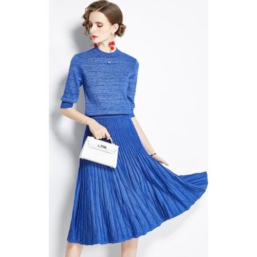 JSXDHK New Autumn Women Knitted Two Piece Set Elegant Half Sleeve Knit O Neck Sweaters Tops + High Waist Pleated Skirt Suits