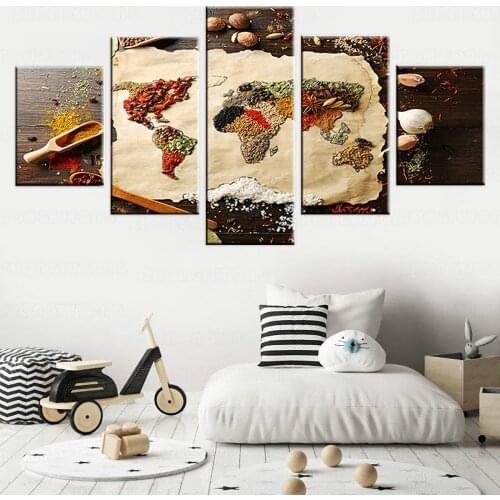 Canvas Paintings Living Room Wall Art Framed 5 Pieces Grains Spices World Map Pictures HD Prints Food Poster Modular Home Decor