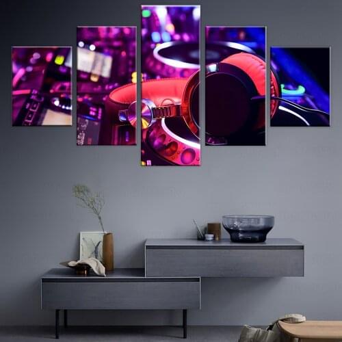 Canvas Paintings Home Decor Framework 5 Pieces DJ Music Instrument Mixer And Headphones Pictures Bar Posters Night Club Wall Art