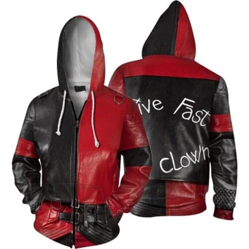 Harleen Quinzel Superhero Live Fast Die Clown Cosplay Costumes Sweatshirt 3D Hoodie Jacket Zipper Coat Pullover
