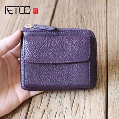 AETOO Litchi Grain Wallet Head layer cowhide key pack zipper leather coin bag Womens card bag