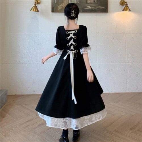 HOUZHOU Elegant Vintage Dress Summer Balck Bandage Short Sleeve Lace Midi Dress Oversized French Palace Style Fashion 2021