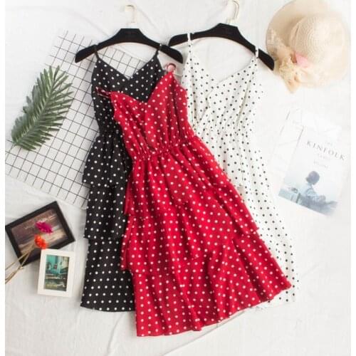 Summer Womens Dress 2021 Polka Dot Pleated Spaghetti Strap Midi Dress Party Dresses Beach Dress Korean Fashion Female Clothing