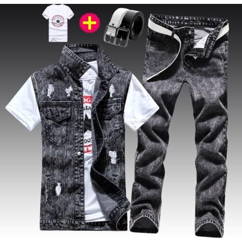 Summer Mens Sleeveless Vest Top Holes Waistcoat Casual Long Jeans Pants 2 Pieces Set Trousers with T-shirt for Free Shipping