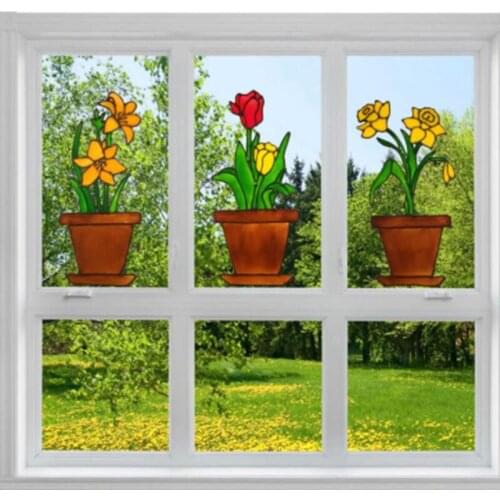 Lilies Tulips Daffodils Flower Pot Window Clings Spring Decorations Adhesive Window Stickers Glass Door Sticker Decal Home Decor