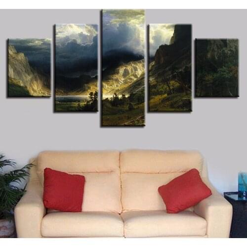 Modular Modern Poster Frame 5 Pieces Mountain Lake And Tree Cloud Scenery Painting Decor HD Printing Pictures On Canvas Wall Art