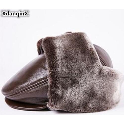 XdanqinX Middle-aged Warm Bomber Hats Genuine Leather Hat Mens Thick Thermal Earmuffs Cap New Cowhide Men Ski Caps Snapback cap