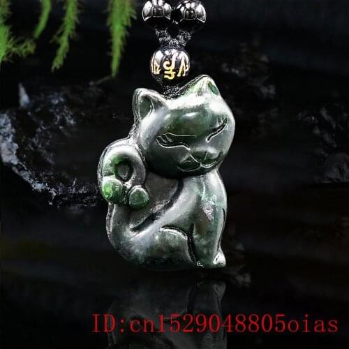 Jade Cat Pendant Necklace Chinese Charm Amulet Fashion Black Green Jewellery Natural Gifts Carved