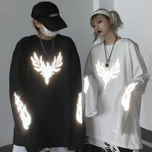 NiceMix Harajuku style 3M reflective print tee shirt tops Autumn streetwear loose long sleeve O-neck T-shirt women men clothing