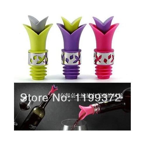 Lowest Price 100 pcs/lot Cool Eco-friendly Silicone Lily 2 In 1 Corked Wine Champagne Pourer Stopper Free FEDEX shipping