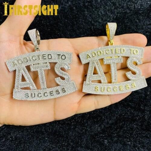 New Two Tone Color Iced Out Bling 5A Zircon CZ Letter ATS Pendant Necklace Addicted To Success Charm Men Women Hiphop Jewelry