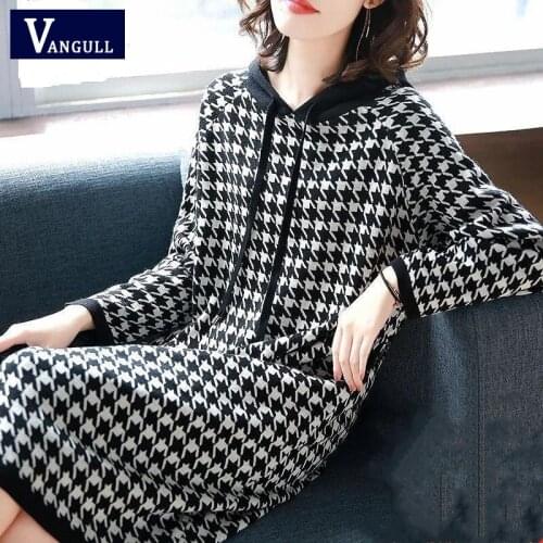 Vangull Plaid Hooded Women Dress 2021 Autumn New Fasgion Long Sleeve Pullover Dress Drawstring Female knitted Knee-Length Dress