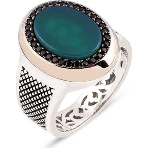 Silver Green Agate Stone Around Zircon Embellishment Men 'S Ring