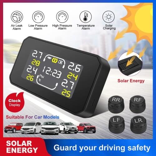 Vehemo USB Solar Charging 4PCS Sensor TPMS LCD Display IP67 Vehicles Tire Pressure Monitoring System SUV High Temperature Alarm