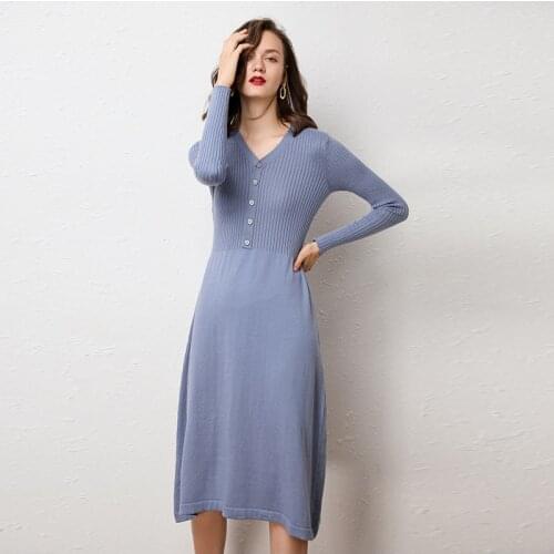 SZDYQH Women Autumn Winter Cashmere Sweater Knitted Dresses Women Fashion V-neck Long Sweater Dress Ladies Warm Sweater Dress