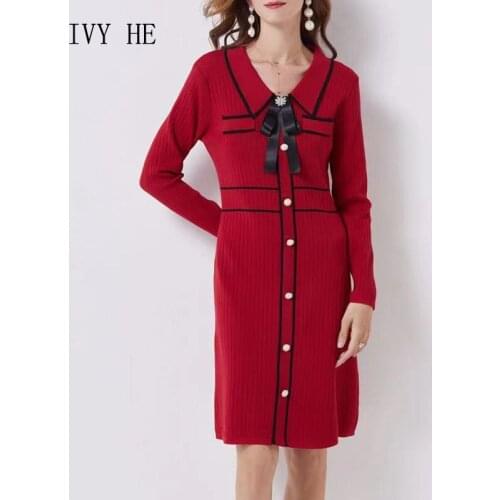 IVY HE High Quality Autumn Winter Dress Woman Clothing Chic Elegance Lapel Bow Knit Womens Dresses Casual Office Best Choice ZA